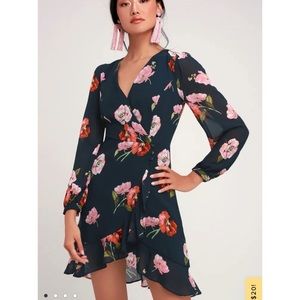 Lulus Blue Floral Long Sleeve Mini Dress